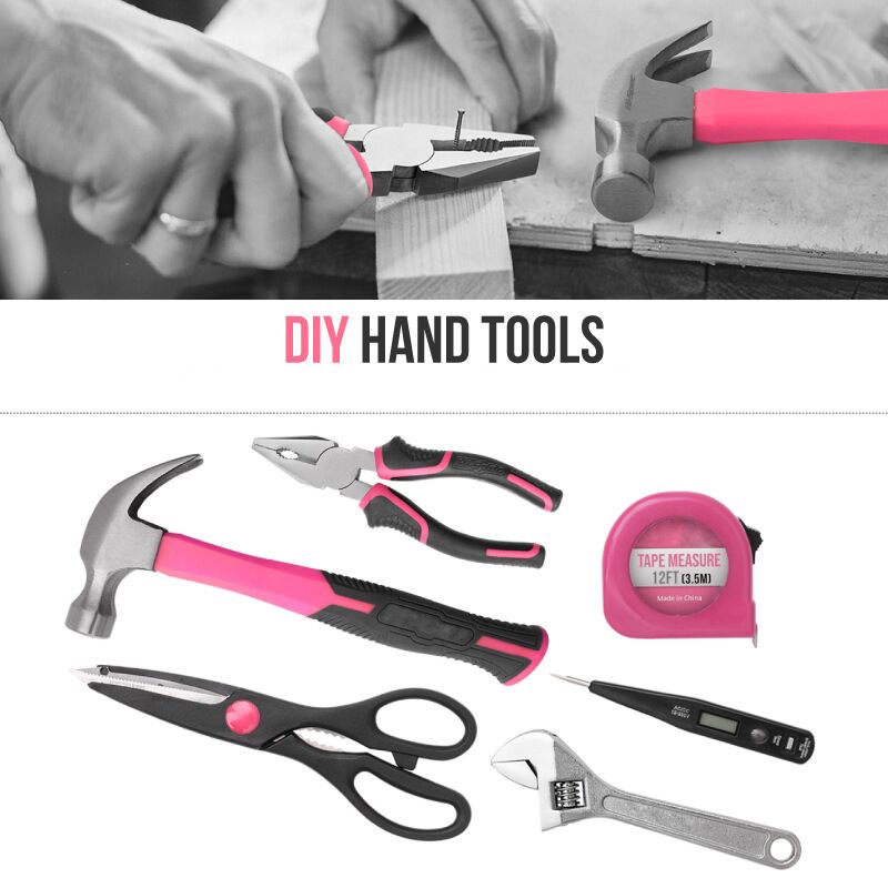 Ružičasti set kućnog alata od 56 komada, kompletan set alata za popravak osnovnih ručnih alata za žene