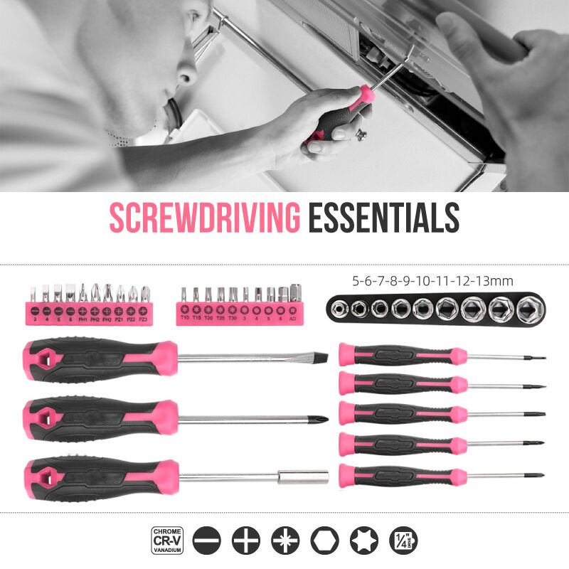 Ružičasti set kućnog alata od 56 komada, kompletan set alata za popravak osnovnih ručnih alata za žene